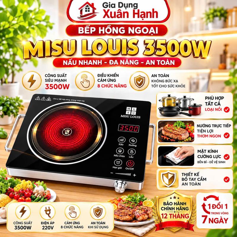 Bếp Hồng Ngoại MISU LOUIS 3500W Cảm Ứng 8 Chức Năng, Nấu Lẩu Chiên Xào Nướng, Dùng Được Nhiều Loại Nồi, Bảo Hành 12 Tháng – Gia Dụng Xuân Hạnh