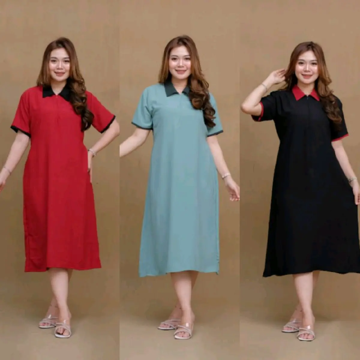 Daster Vinnaa Isi 3pcs LD 120cm Bahan Crinkle Airflow  Busui Retsleting Depan Baju Bumil Terbaru Daster Wanita Panjang Dress Tidur Santai Kain Cringkle Airflow Nyaman Cantik
