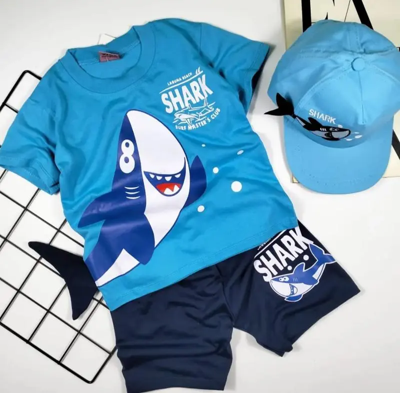 Setelan baju anak laki-laki usia 1-10 tahun motif HIU/Baju anak laki-laki motif terbaru dan terbest seler bisa dengan topi 3
