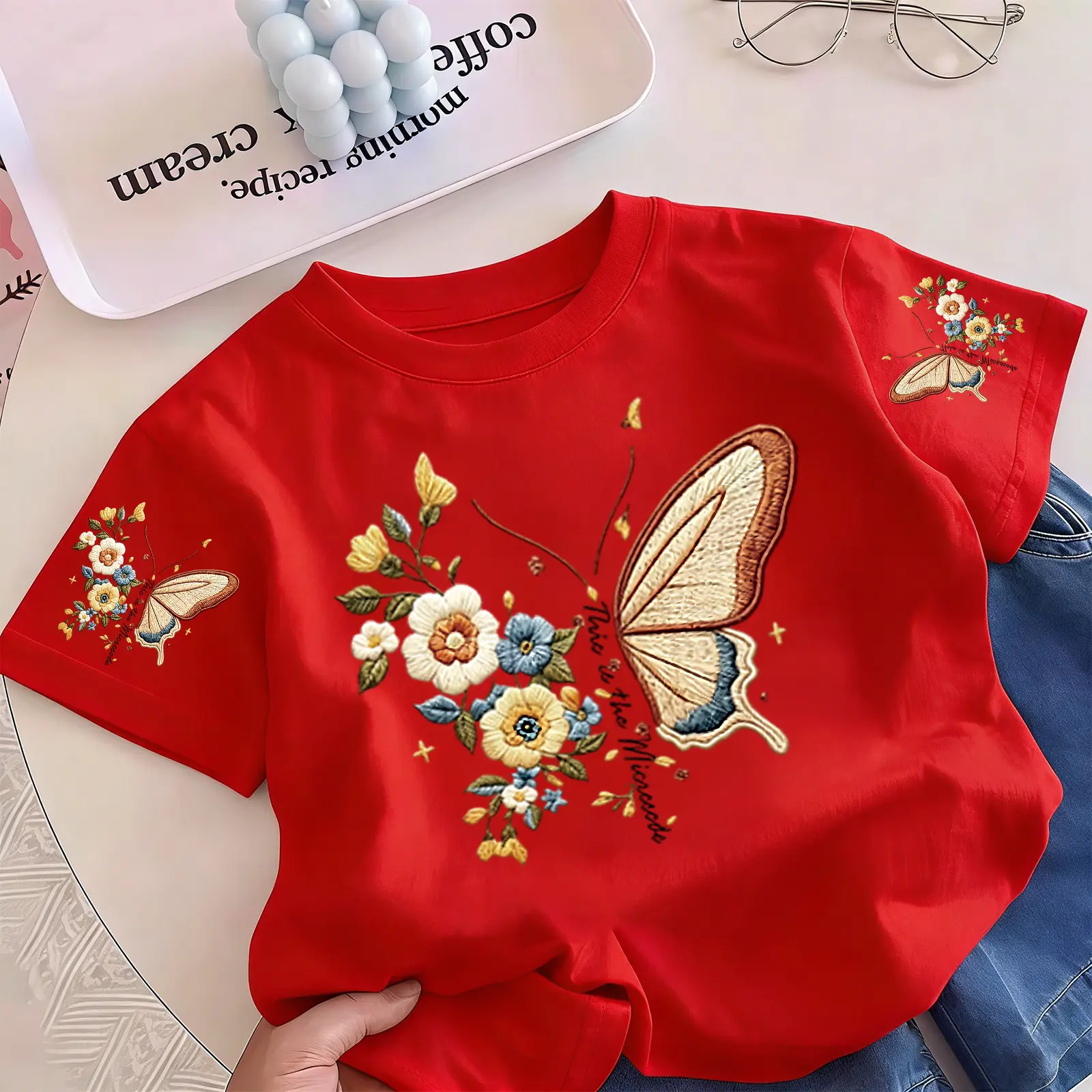 [Deal Flash BXP] (Kirim dalam waktu 24 jam) (COD) Empat musim bisa dipakai anak perempuan musim panas ukuran T-shirt bulat lengan panjang puncak pendek, sulaman tali kupu-kupu pola comel, cocok untuk cuaca panas, 90-150 cm dan 2-16 tahun