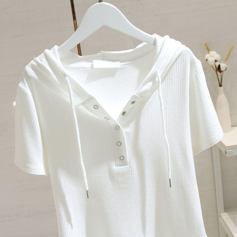 Product Introduction of Áo Thun Dây Rút Có Mũ Trùm Đầu, Màu Trơn Ngắn Tay, Thời Trang Mới Mùa Hè, Dành Cho Phụ Nữ, Thường Ngày Và Dáng Rộng Rãi, Bó Sát, Áo Sơ Mi Lớp Cơ Sở, Hàng Mới Về Top Women Shirt Cổ Tròn 2