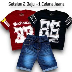 Setelan Anak Laki Laki Paket 2 Baju Dan 1 Celana Pendek Jeans Usia 4-15 Tahun - Fashion Anak