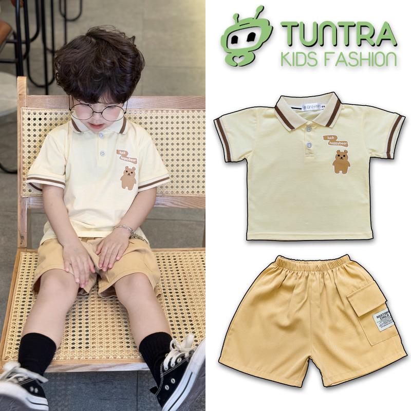 Bộ Quần Áo Bé Trai TUNTRA in Hình Gấu – Áo Polo Cotton Co Giãn 4 Chiều + Quần Kaki 8–30kg