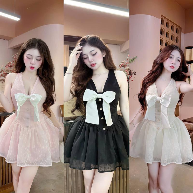 Đầm váy nữ ren hoa cổ yếm dáng xòe đính nơ ( có mút ngực, có lót quần ) sang chảnh, tôn dáng, xinh xắn phù hợp cho các nàng diện đi tiệc, đi chơi