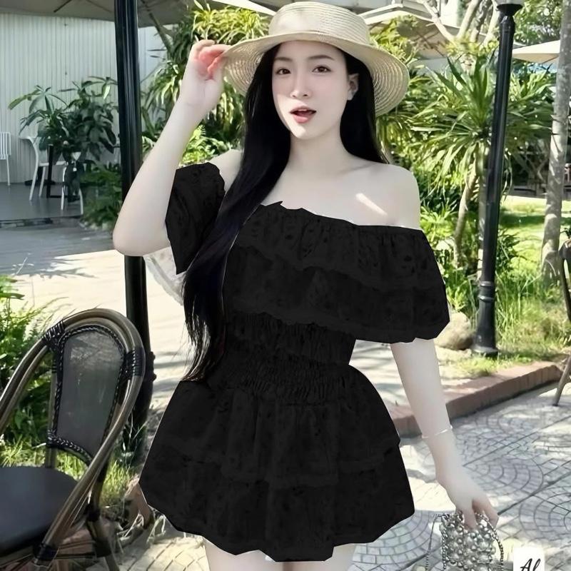    đủ size 60kg-92kg  sét áo trễ vai phối bèo ren chân váy xoè cho nữ 