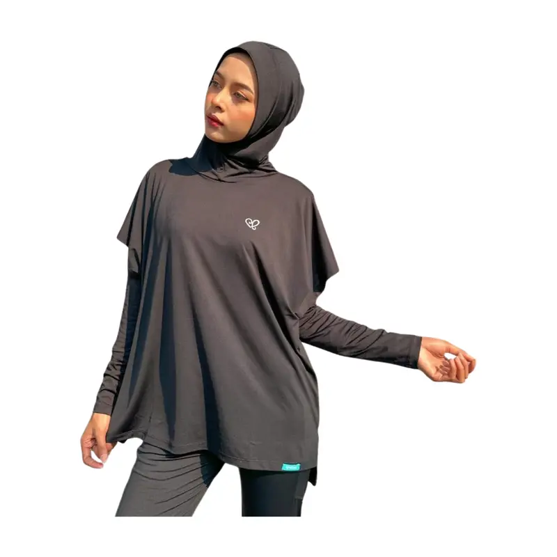 Cendera -  ELMA Atasan Baju Olahraga Wanita Outer Sport Hijab Polos Oversize, Bahan Polynilon Elastis Tidak Menerawang - Top, Outdoor baju olahraga atasan untuk olahraga  wanita 3