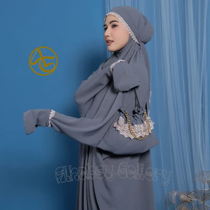 Mukena Terusan Dewasa Dubai Penutup Dagu Crinkle Airflow Premium Mewah Renda Motif 3