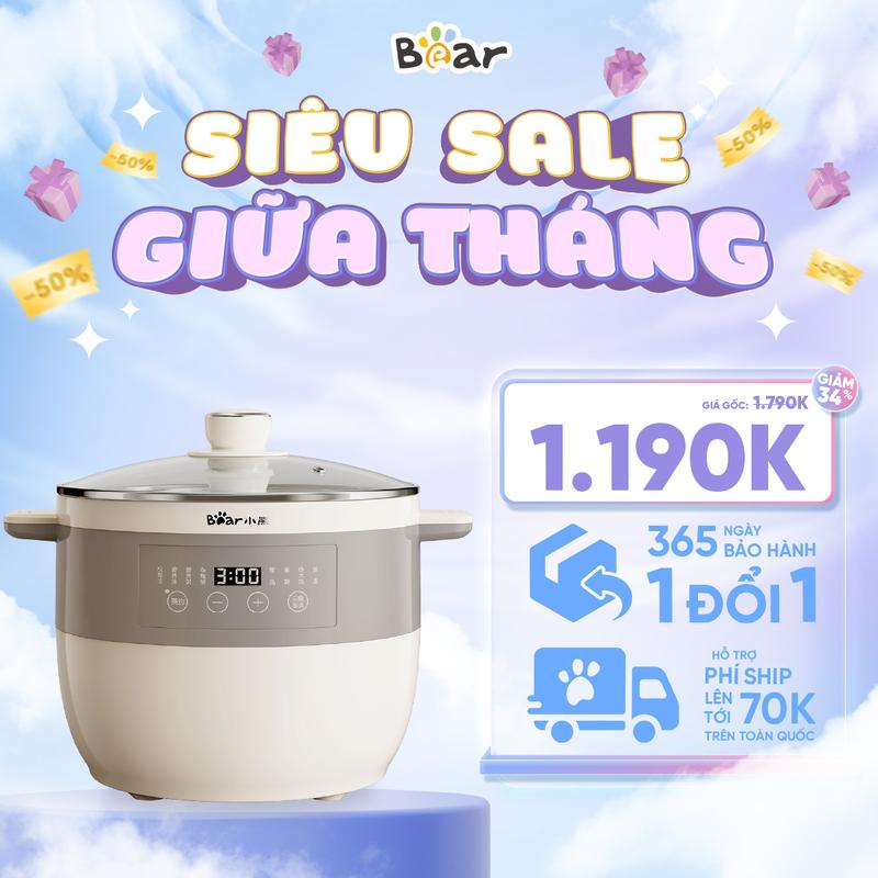 [5 thố sứ] Nồi nấu chậm Bear 2.5L DDZ-B25Q3 - Kèm xửng hấp