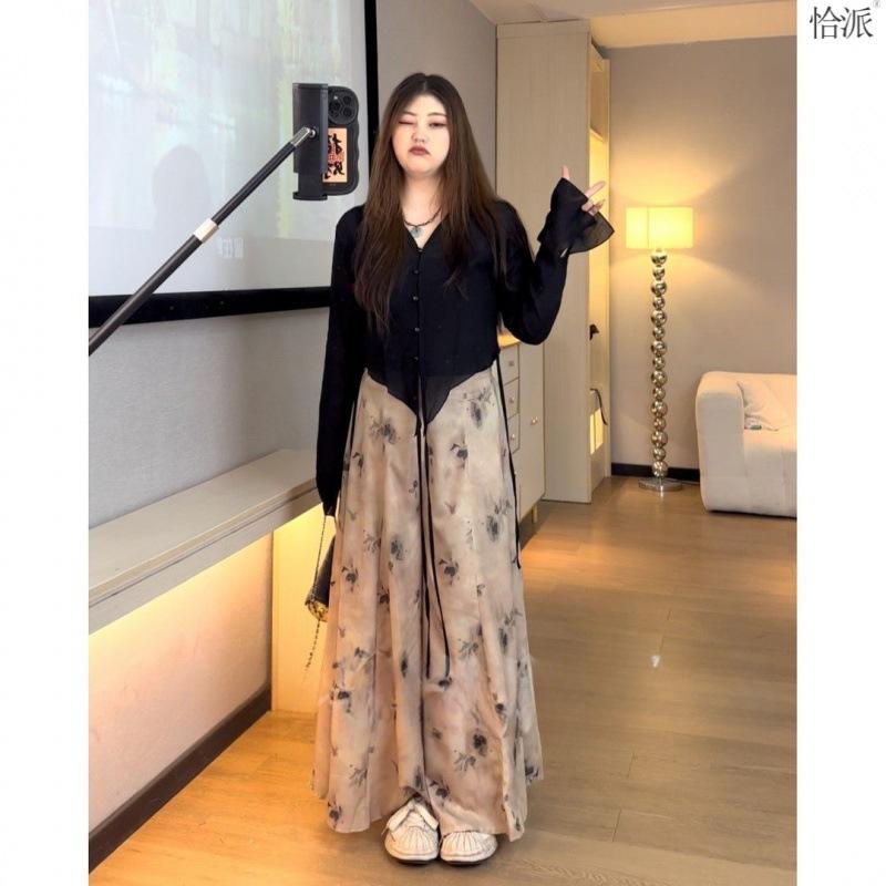 plus Size Women's Clothing Fat Mm2023 New High-Grade Chinese Wear Anti-Wrinkle Top + Loose Slimming Printed Culottes 2