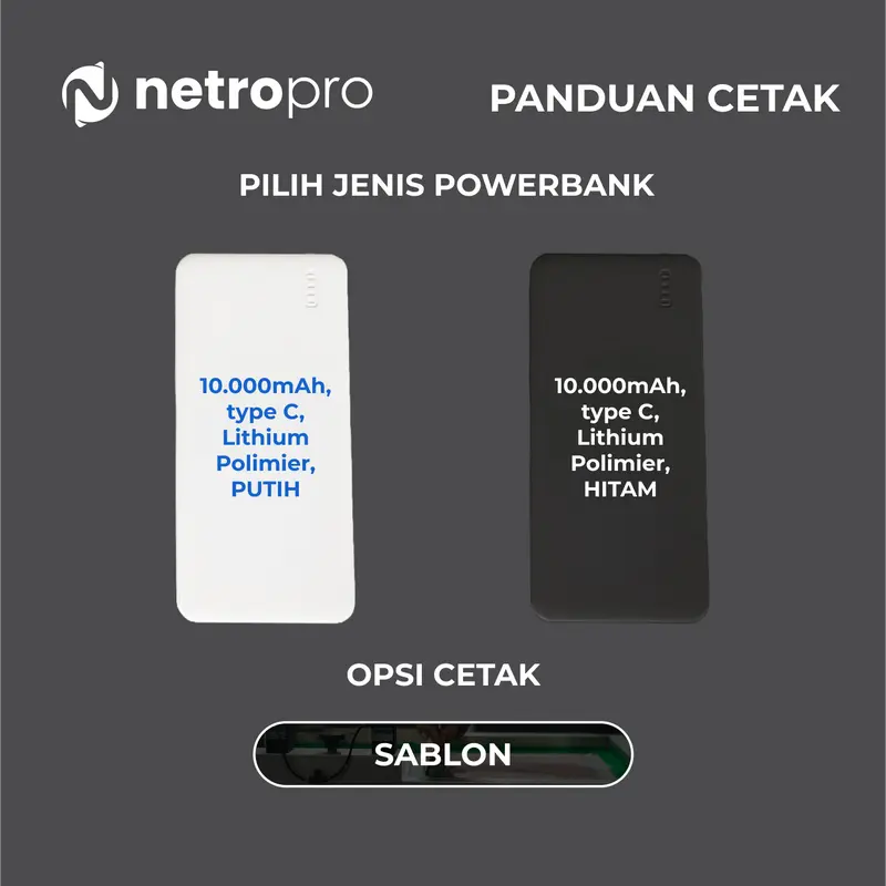 Powerbank Custom Souvenir 10000mAh, Type C, Cetak Sablon - Hitam/Putih - Netro Productions 2