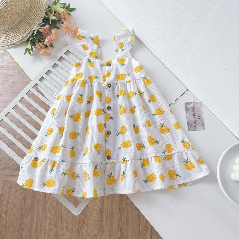 DEC19 Váy 2 dây cánh tiên họa tiết quả dứa chất linen mềm mát cho bé gái