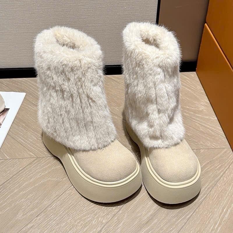   PHOM TO  Giày bốt nữ cổ lông da lộn dạng xỏ đế cao 7 phân 2 màu Nâu Kem dễ phối đồ GIÀY NHIÊN MỘC 