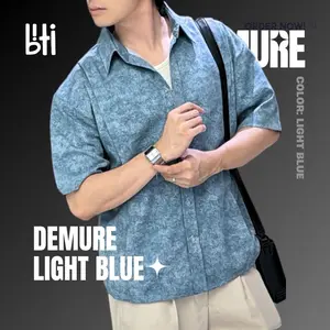 BITI Demure Shirt | Kemeja Print Motif Denim Lengan Pendek Biru Navy Pria 【m】40-55kg k1233- biru