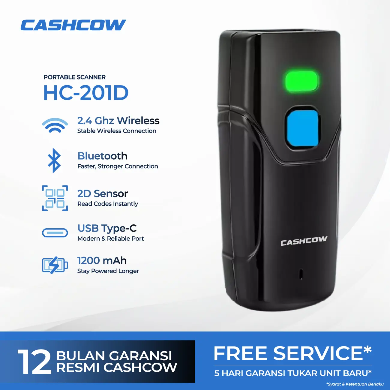 CASHCOW HC-201D – Scanner 2D/1D Portable Wireless 2.4G Bluetooth 3in1 Untuk Kasir Gudang, Scan Layar