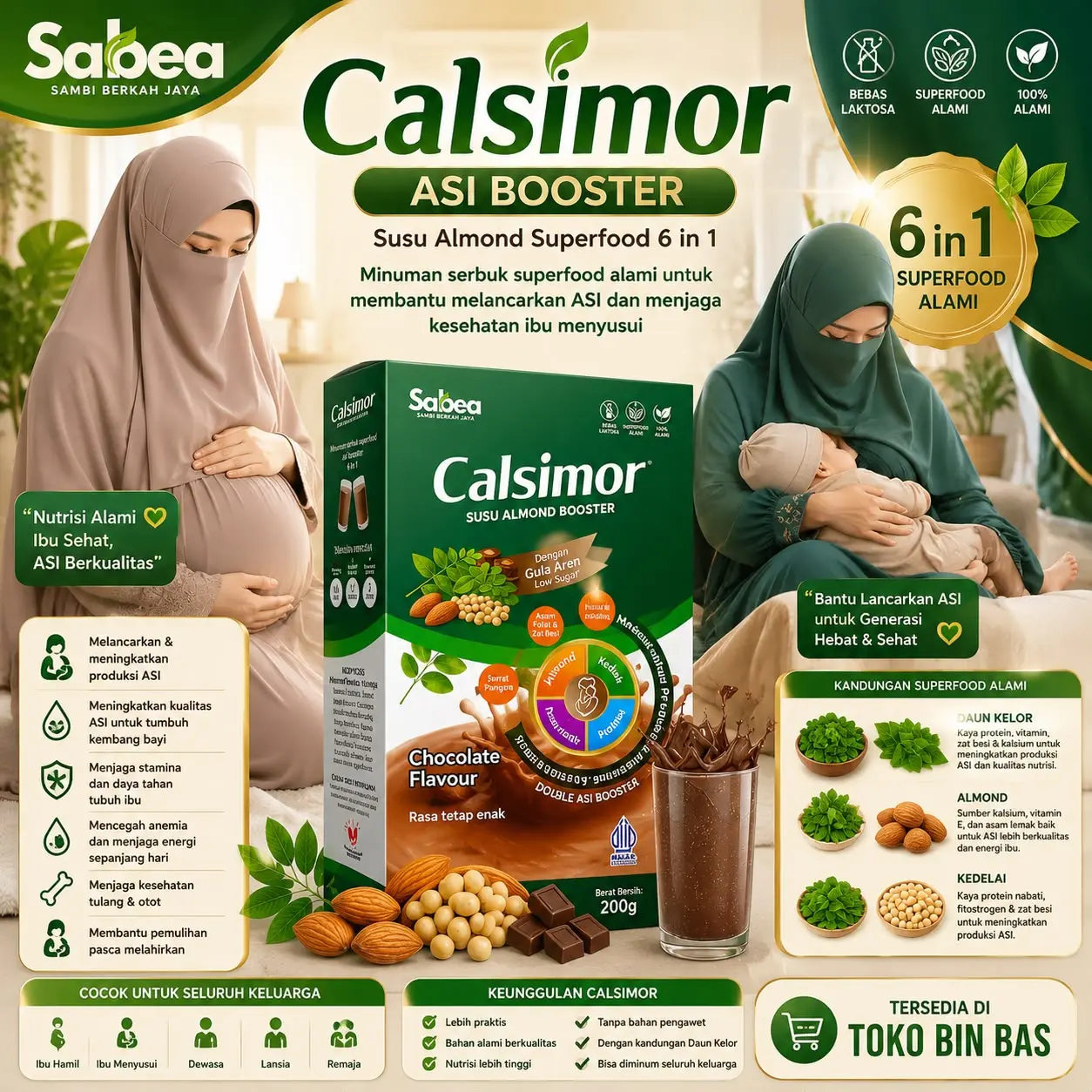 Calsimor Booster Asi Susu Almond 6 in 1 Susu Bumil ibu menyusui Extrak Daun Kelor, Katuk kedelai Almond