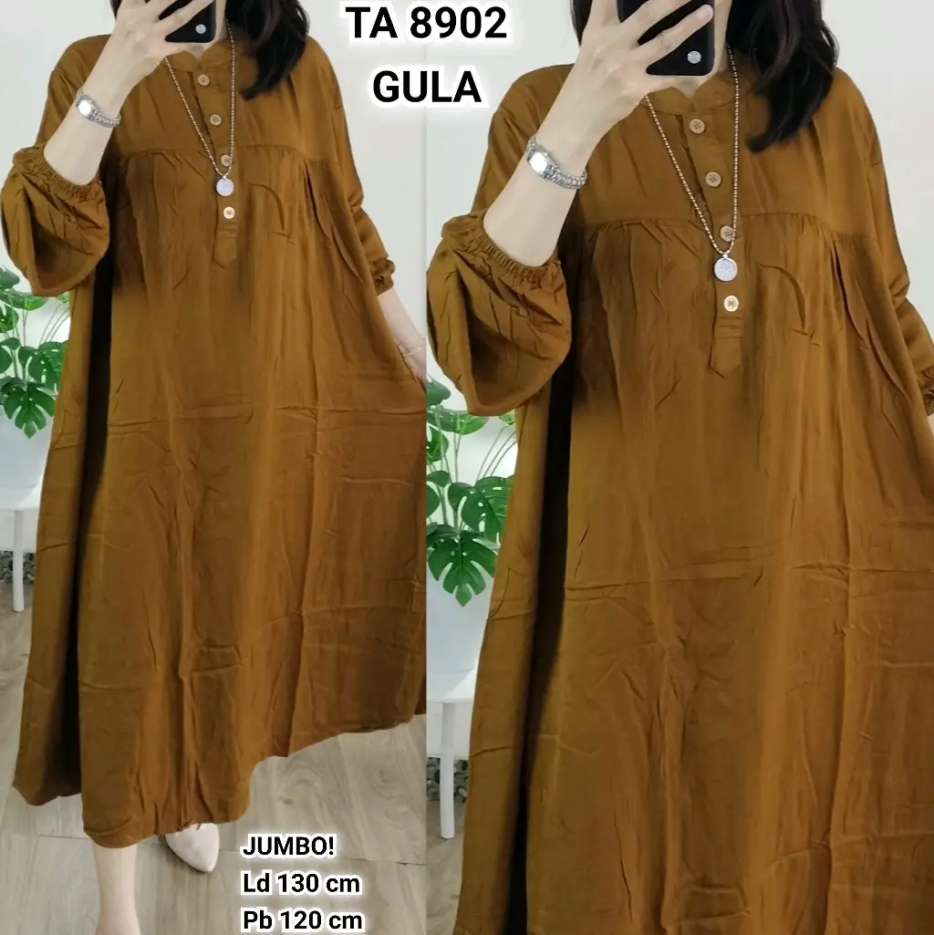 Midi Dress Rayon Twill Premium OVERSIZE Ld 130 TA 8902 Wanita Busui Bumil Casual Panjang Kancing Muslim Cantik Polos