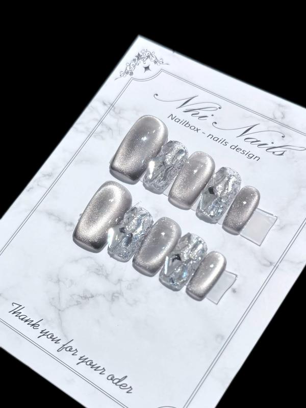 N174 bộ 10 chiếc nailsbox thủ công màu đen mắt mèo phối đính đá sang trọng làm nails nữ