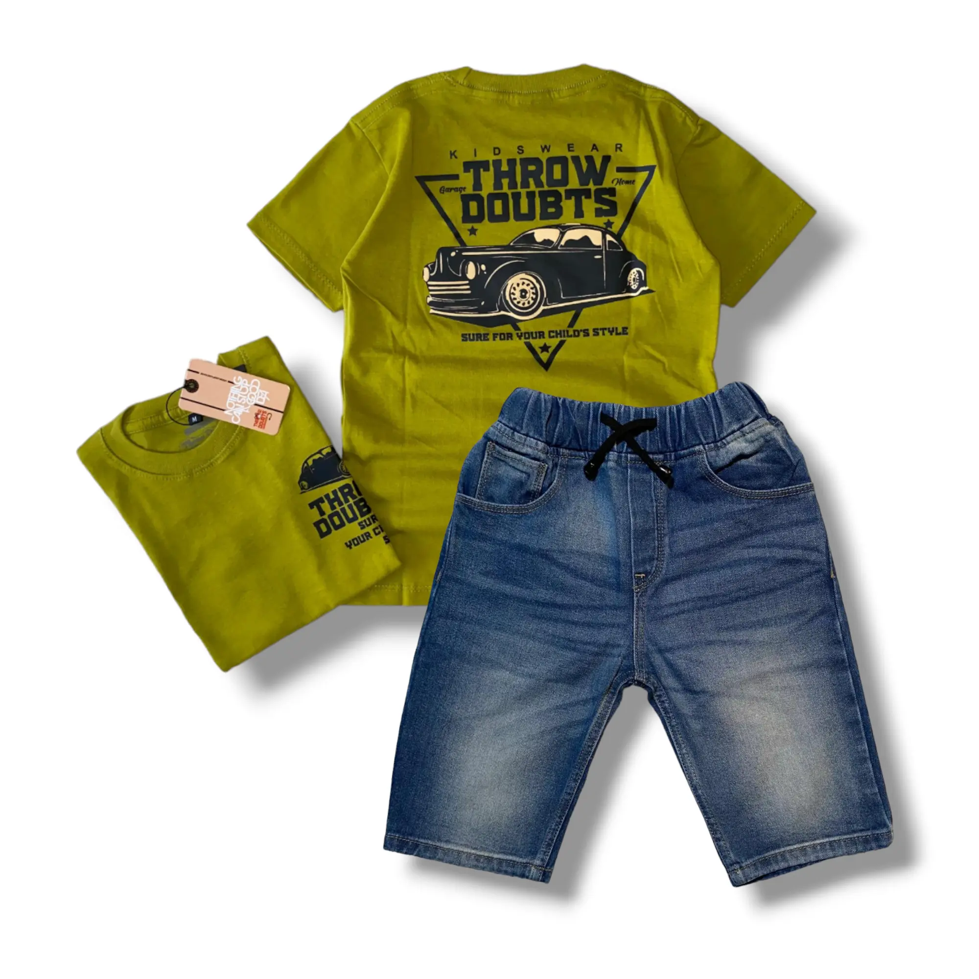 Setelan Jeans Slim Anak dan Baju Kaos Distro Hijau Sam 3-12 Tahun Pakaian Fashion Motif Hari Libur 8-9 Tahun