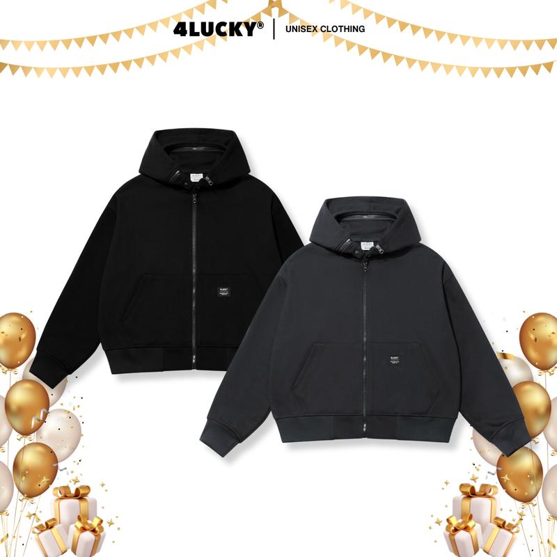 OUTLET - KHÔNG ĐỔI TRẢ Áo Khoác Nỉ Hoodie Zip 2IN1 Form Boxy 4LUCKY Unisex Áo Khoác Nỉ Trơn Basic Dây Kéo Cổ Áo Tháo Rời 6150