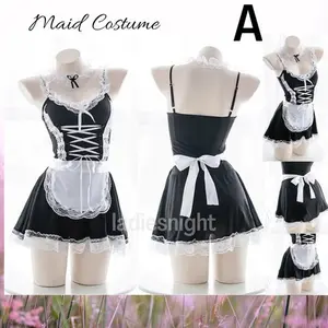 AZ 115 Baju tidur gaun bahan spandex pita putih cosplay maid kostum pelayan M-4XL