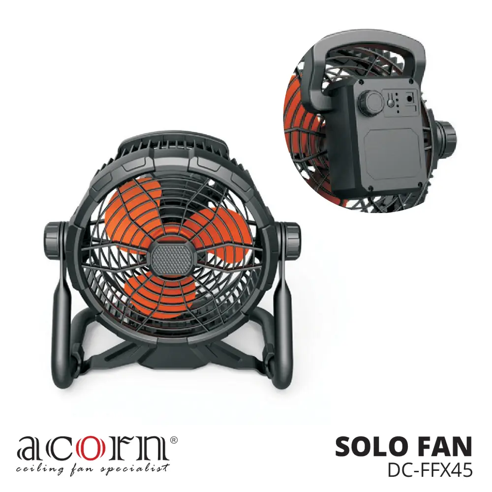Acorn Solo Fan DC-FFX45 | Acrylic Blades | Stepless Speeds | LED Lights | 360° Rotation | Portable & Flexible
