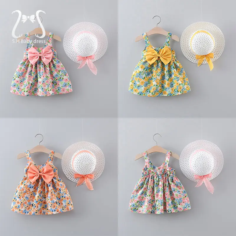 2Pcs/Set Baby Girl Summer Beach Dress Sweet Floral Bow 0-3 Y Delicate Toddler Dresses Kids' Costumn Cute Children Clothing + Hat