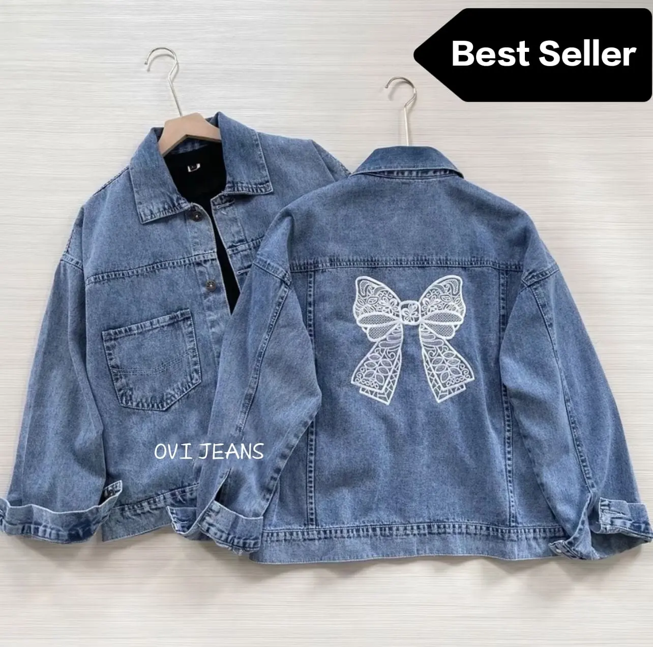 OVI- Terbaru Jaket Jeans Wanita Bordir Pita Putih - Jaket Jeans Cewek Jumbo