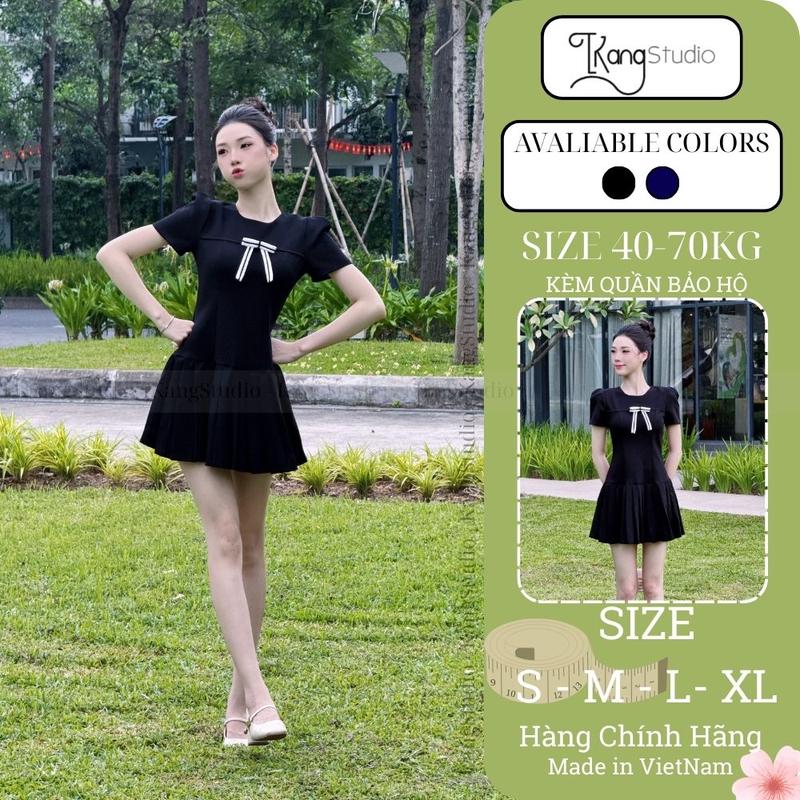  KangStudio -  M123 Váy thiết kế cổ tròn tay ngắn nơ ngực – tùng váy xoè dập ly sang trọng - Made in Vietnam 