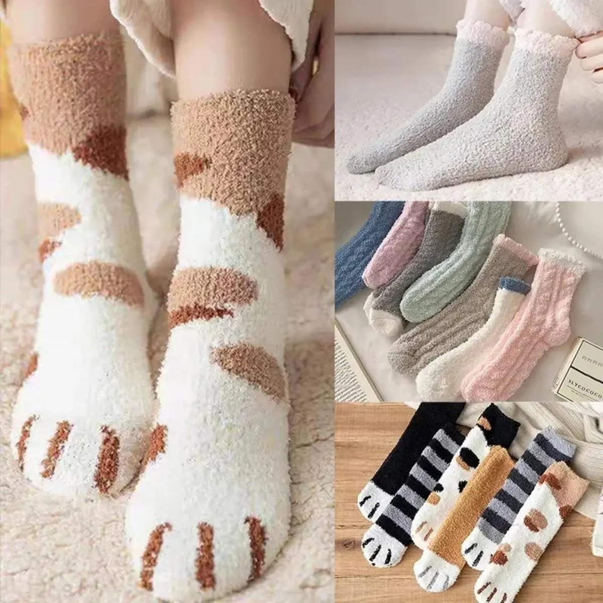 Winter Lamb Kawaii Cartoon Socks for Women Cute 3d Dog Cat Paw Pattern Fleece Warm Thicken Funny Plush Socks Sleeping Socks