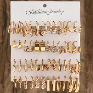 24 pairs  earrings combination of hot selling European and American metal Fried Dough Twists love butterfly earrings set simple C-shaped pearl big earrings earrings shell zircon square geometry women's senior sense Headscarf earrings