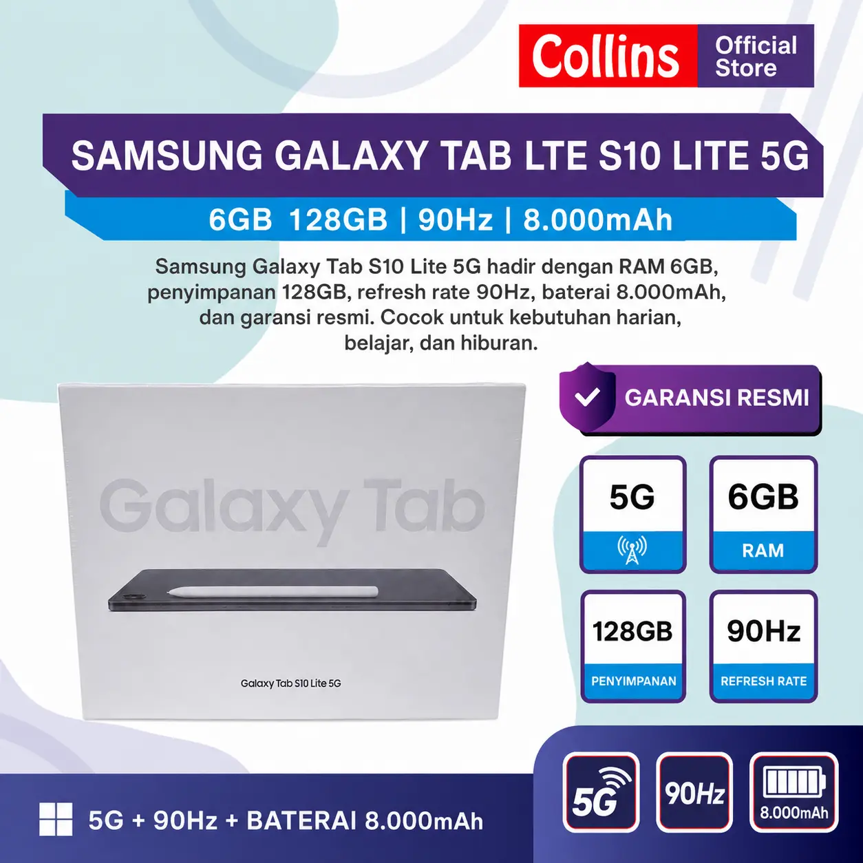SAMSUNG GALAXY TAB LTE S10 LITE 5G 6GB 128GB 90Hz 8.000mAh Garansi Resmi
