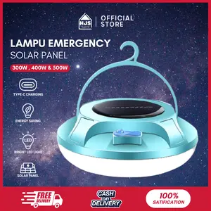 HJS Lampu Emergency UFO Gantung Solar Panel 300W 400W 500W Hemat Energi Lampu Camping Rumah dan Outdoor dengan Dual Pengisian USB & Solar Panel dan 3 Level Kecerahan