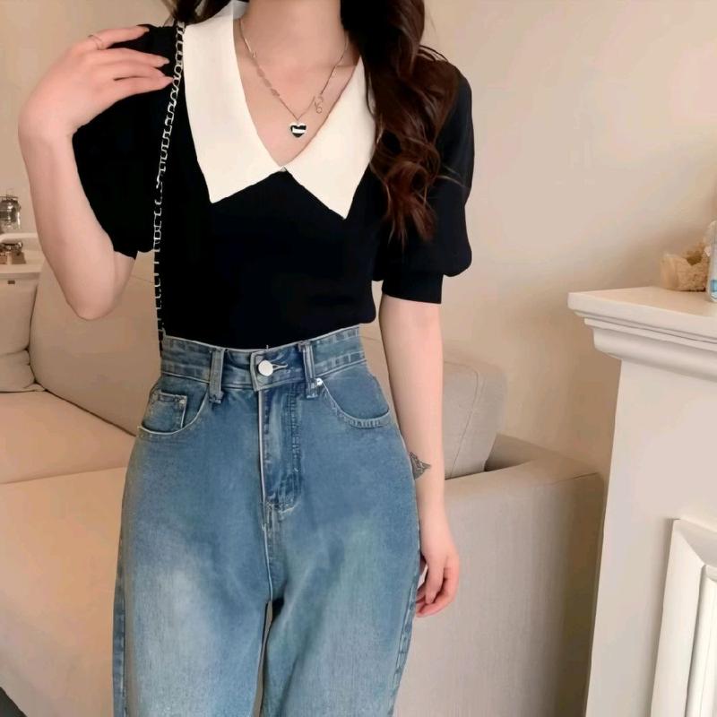 Baju Fashion Wanita Rajut Style Polos Kerah V Atasan Knit Lengan Pendek Korean 1