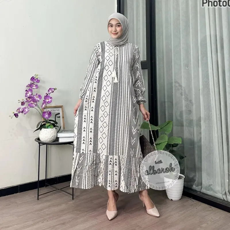 Dress Qonita panjang Ld 120 busui bahan rayon premium midi dress pb 130 motif salur etnik ada saku gamis katun rayon 1