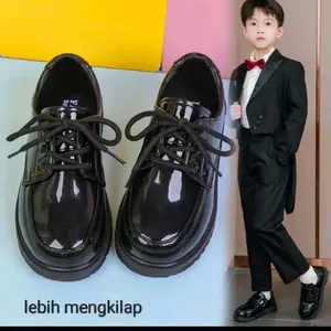 Mommyhoky Sepatu Pesta Anak Laki-laki Casual Korean Fashion Pantofel Remaja Cowok Import Kulit Premium Sol Karet Non-slip Hitam Elegan