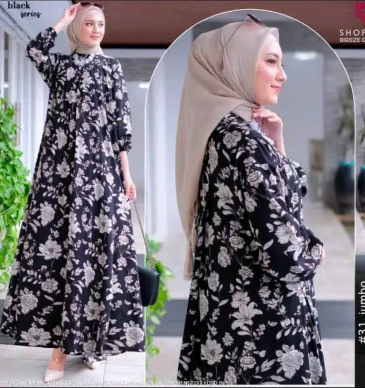 GAMIS SILANG BELAKANG JUMBO BAHAN CRINGKEL ALEVA MOTIF SAKURA FULL KANCING SAMPAI BAWA FREE BROSS MUSLIM WANITA GAUN PESTA KONDANGAN MEWAH DRES SALUR Karet Maxi Syari 2