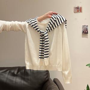 Women's Striped Knit Cardigan Sweater Coat, Long Sleeve Round Neck Fall Fashion Outerwear, High-Quality Casual Wear 9387 Tops Crewneck Fitted Womenswear