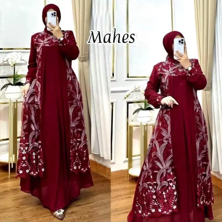 READY !!!! MAHES Dress Kondangan Bahan Ceruty Mix Brukat Bagus // Dress Mewah // Gamis kekinian Model Terbaru 2025 // Ready Ukuran M L XL Ld 100-110cm // Dress Dua Layer // Gaun Pesta // Dress Muslimah Wudhu Formal Nyaman Maxi