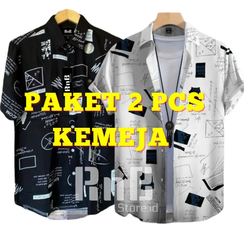PAKET BAJU MOTIF 2 PCS COD Pendek Pria Katun Keren Nyaman Casual Hitam Putih 0