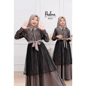 Gamis Anak Remaja Padma Syari Bergo Brukat Malika+Puring Airflow Crinkle Dress Panjang - Bahan Import Mix Brikat Malika+Puring - Baju, Muslim