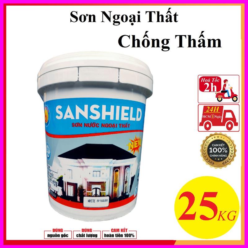 25kg Sơn nước SanShield NEW ngoài trời chống thấm láng mịn trang trí nhà cửa, decor ngoại thất nhà