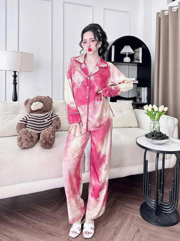 Đồ Bộ Pijama Đẹp, Chất Lụa Latin Nữ Mặc Ở Nhà, Thoáng Mát, Tay Dài Quần Dài In Loang Đỏ Hoạt Hình [Size 45-60kg và 61-75kg], Có Bigsize  Women
