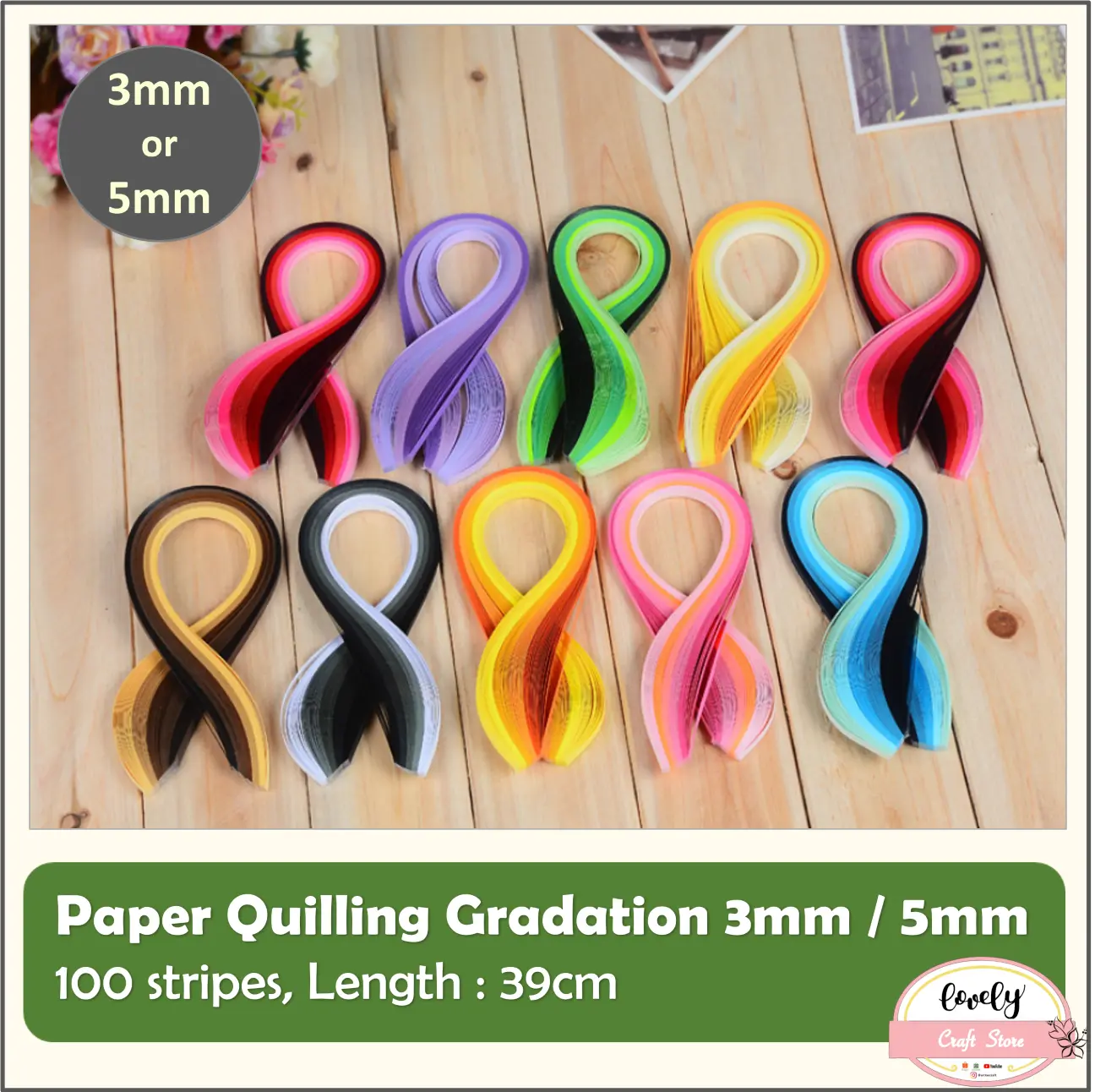 LovelyCraftStore | 100stripes/pack Paper quilling 3mm / 5mm kertas quilling rainbow / gradasi