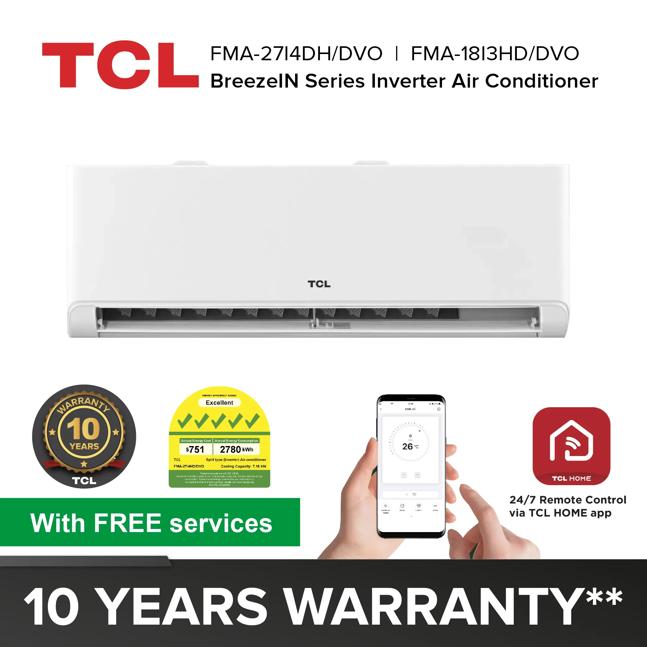 TCL BreezeIN Air Conditioner | Aircon | APP & Voice Control  | Healthy Filter (R32, 5 Ticks)