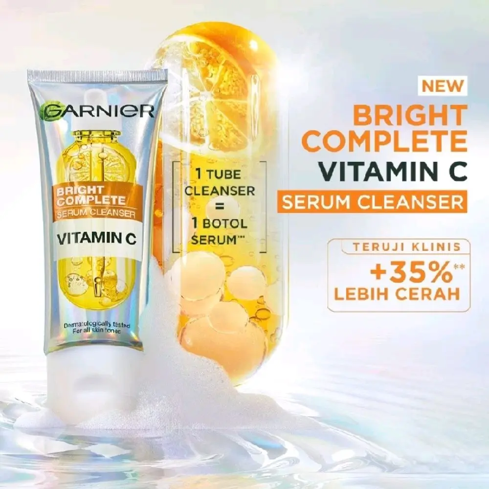 GARNIER FACE WASH BRIGHT COMPLETE VITAMIN C SERUM CLEANSER 100ml, Pembersih Wajah