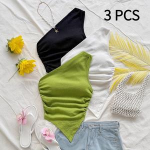 Conjunto de tres piezas con tirantes: top corto y sensual de un solo hombro, con diseño plisado, corte entallado, en colores lisos, versátil y sensual.