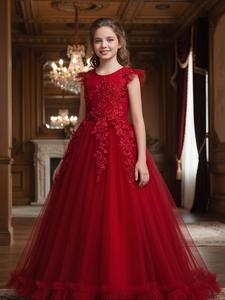Vestido de satén para niña con bordado floral, malla y moño en la espalda, elegante con mangas tipo capa, adorno de volantes, cierre de cremallera, vestido ajustado y con vuelo para fiestas y bodas, ropa infantil para todas las estaciones