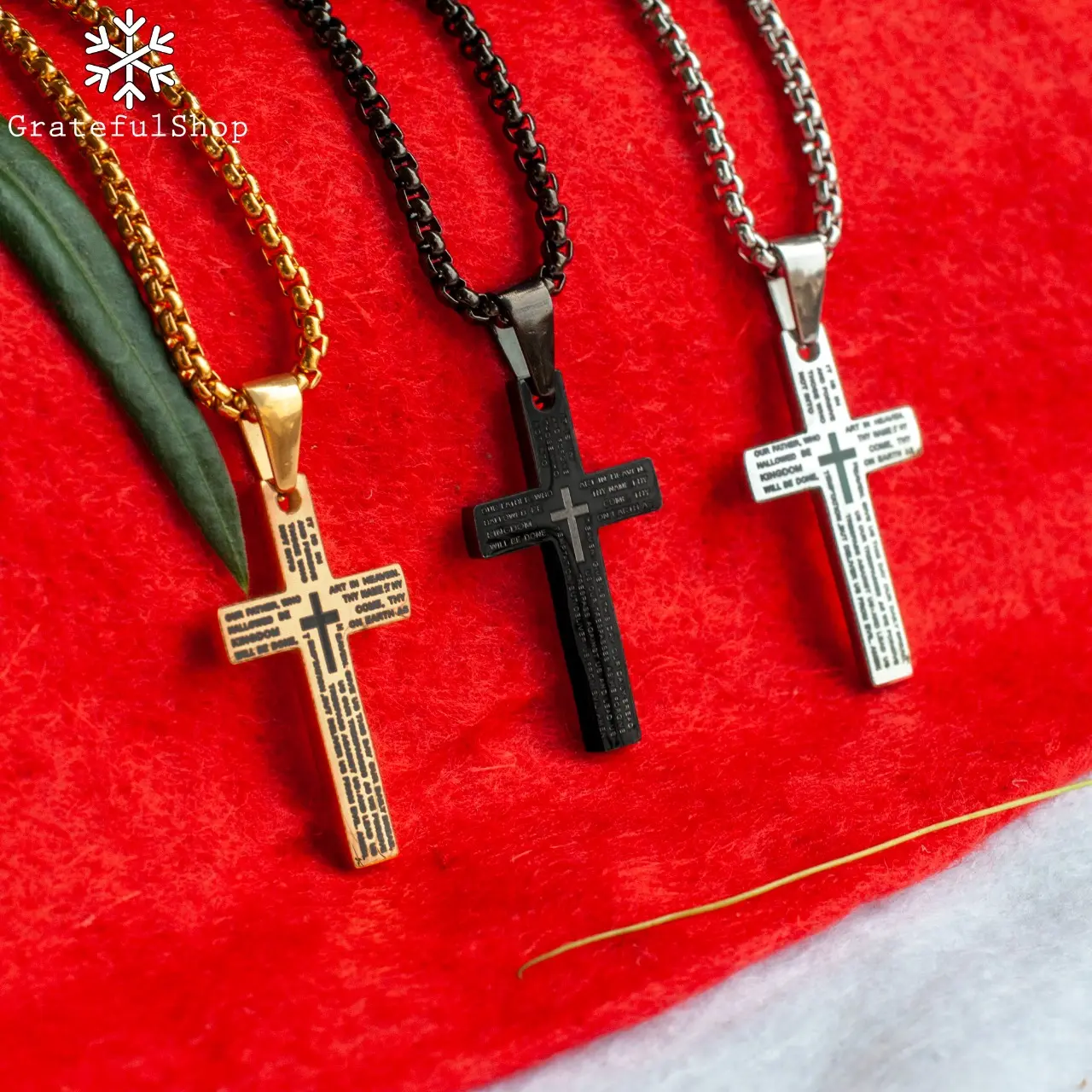 Kalung Salib Doa Bapa Kami black/ silver/ Gold English Version (PREMIUM EDITION) (stainless STEEL) (ANTI KARAT) stainless jewellery rantai black Silver Pria