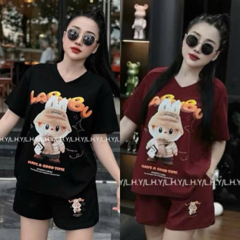 Bộ mặc nhà nữ mùa hè chất cotton su phom rộng set bộ đùi áo phông quần ngắn in labubu cổ tim