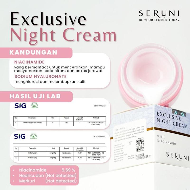 Seruni Exclusive Night Cream wajah acid facial  Hyaluronic Niacinamide Mencerahkan Pelembab 3